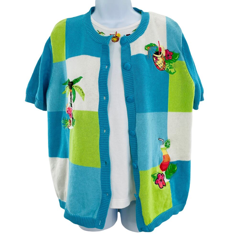 BRECKENRIDGE Blue Green White Tropical Drink Top & Cardigan Sweater Set S/M